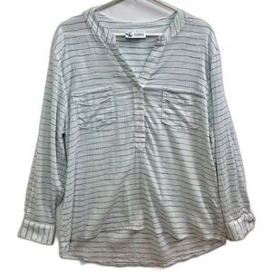 Carve Designs Dylan Gauze Shirt in Milos Navy Stripe Sz XL White Blue Organic
